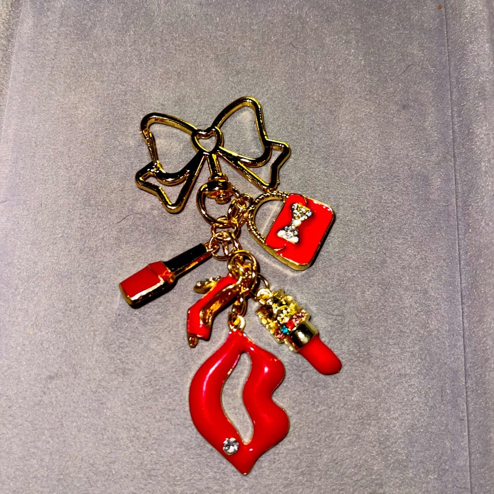 Unbranded Gold Tone with Red Lips, Nail Polish, Shoe, Bag and Lipstick Bag Charm